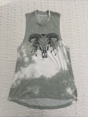Fifth Sun Tie Dye Boho Ram Skull Tank Sage Green White Tie Dye (Size Small)